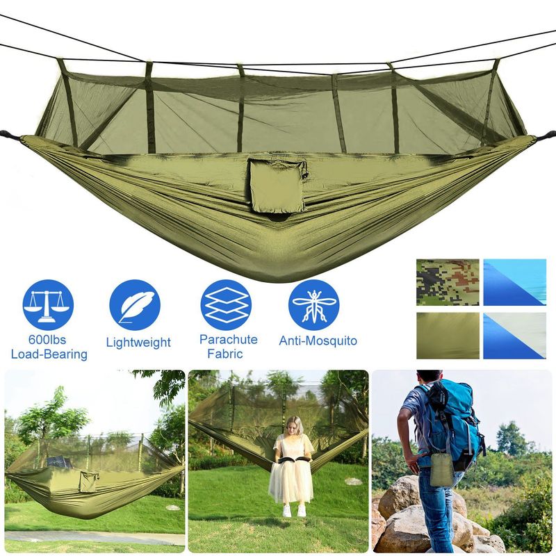 600lbs Load 2 Persons Hammock W/Mosquito Net Outdoor Hiking Camping Hommock Portable Nylon Swing Hanging Bed W/ Strap Hook Carry Bag_voghion.com