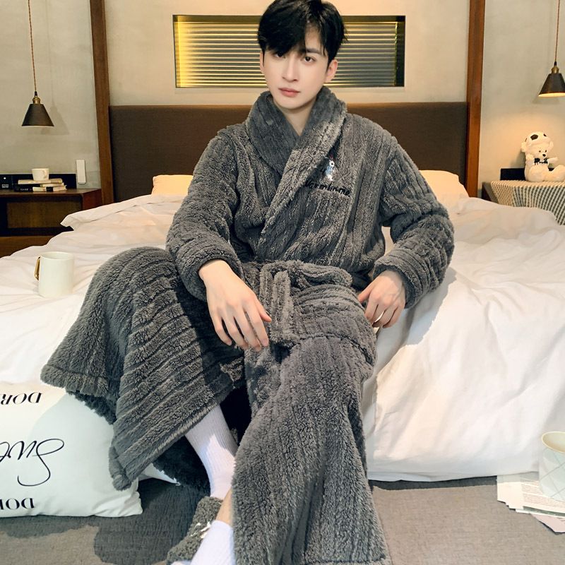 Herren-Pyjamas aus Korallenfleece, dick gefütterter Fleece-Bademantel in großen Größen, Herren-Loungewear-Morgenmäntel_voghion.com