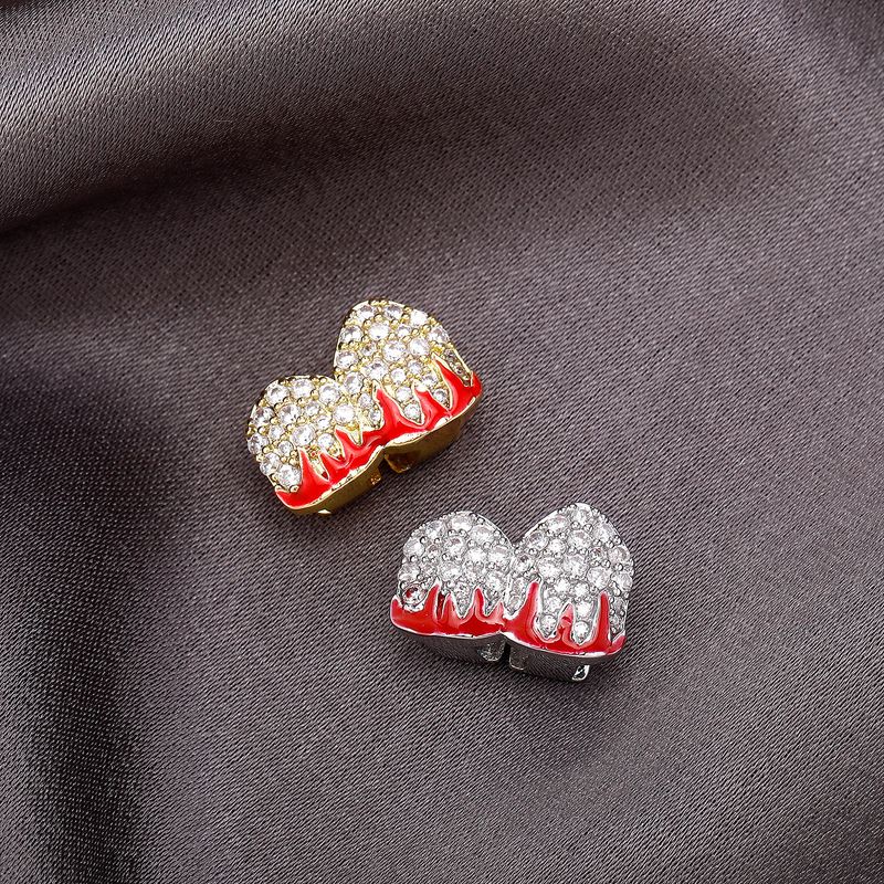 Gioielli unisex alla moda, motivo a fiamma singola e doppia, denti in oro zirconio, decorazione per denti abbinata, apparecchio per denti HIPHOP_voghion.com