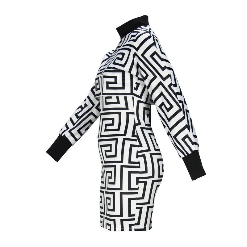 Damen Print Anzug Rock Ärmelloses Rollkragenkleid Jacke Zweiteiliges Set_voghion.com