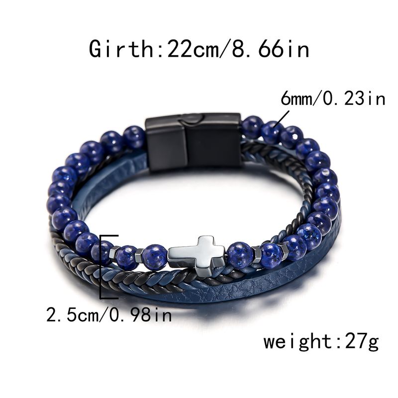 Bracelet multi-rangs en cuir naturel et pierre volcanique d'obsidienne, style croix simple, d'inspiration européenne et américaine_voghion.com