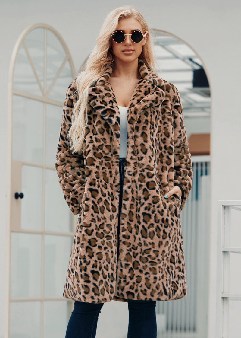 Damenbekleidung F0208 langer Leopardenmuster-Anzugkragen-Imitat-Pelzmantel Damen-Freizeitmantel Herbst und Winter neue Mode_voghion.com