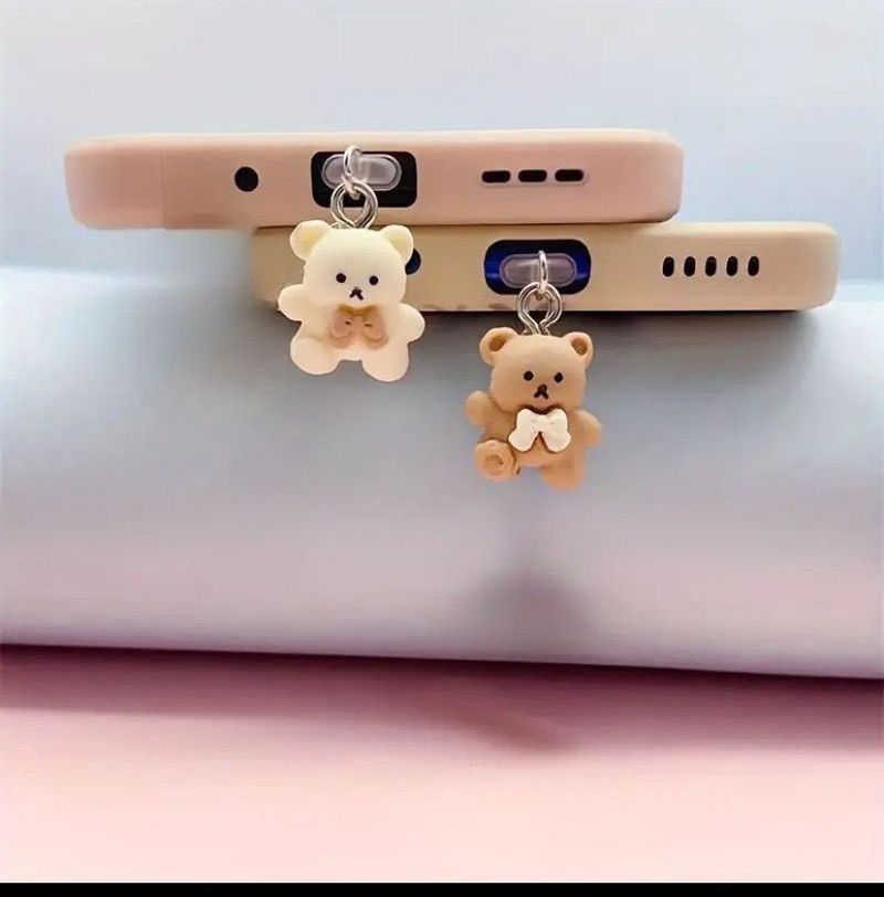 New Bear Phone Dust Resin Tie Beige Coffee Color Charging Plug Earphone Hole Pendant Type-C_voghion.com