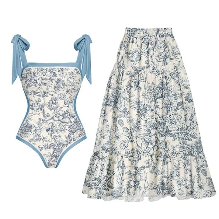 Costume da bagno intero da donna con stampa floreale e lacci, con gonna a ombrello staccabile_voghion.com