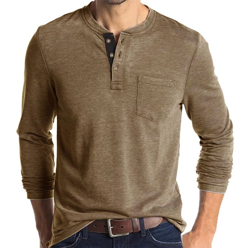 Henley-T-Shirts für Herren mit Knopfleiste, langen Ärmeln und Tasche, entspannte Passform, 100 % schwere Baumwolle_voghion.com