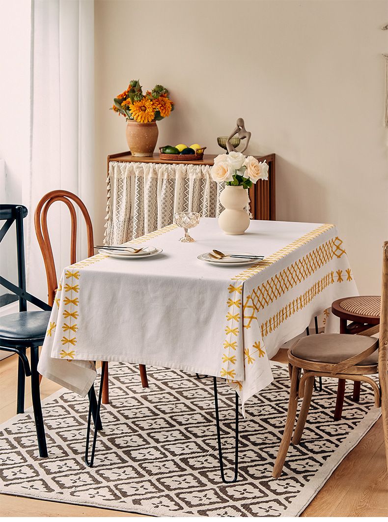 Tablecloth Yellow - Polycotton Embroidered With Cross/Arrow, Heat-Resistant & Wrinkle-Free, For Dining Table, Coffee Table Or Dorm Decor_voghion.com