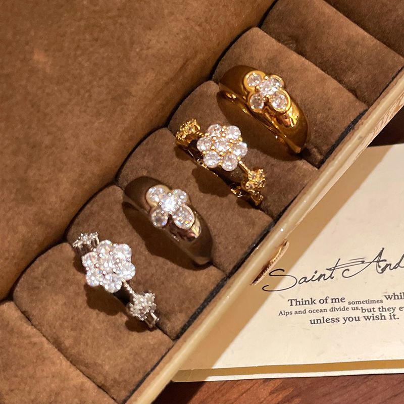 Retro Zircon Flower Opening Ring For Women Niche Simple Light Luxury Index Finger Ring Fashionable Temperament High-end Feel Hand Jewelry For Women_voghion.com