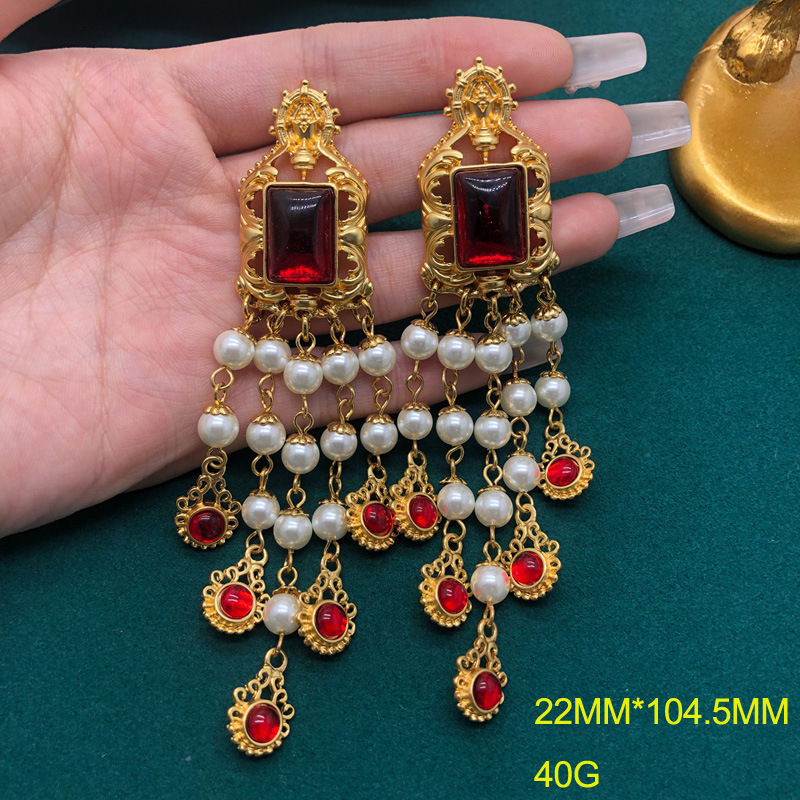 Cam inci çok katmanlı kolye İnci küpe seti abartılı retro uzun saçaklı küpe kolye_voghion.com