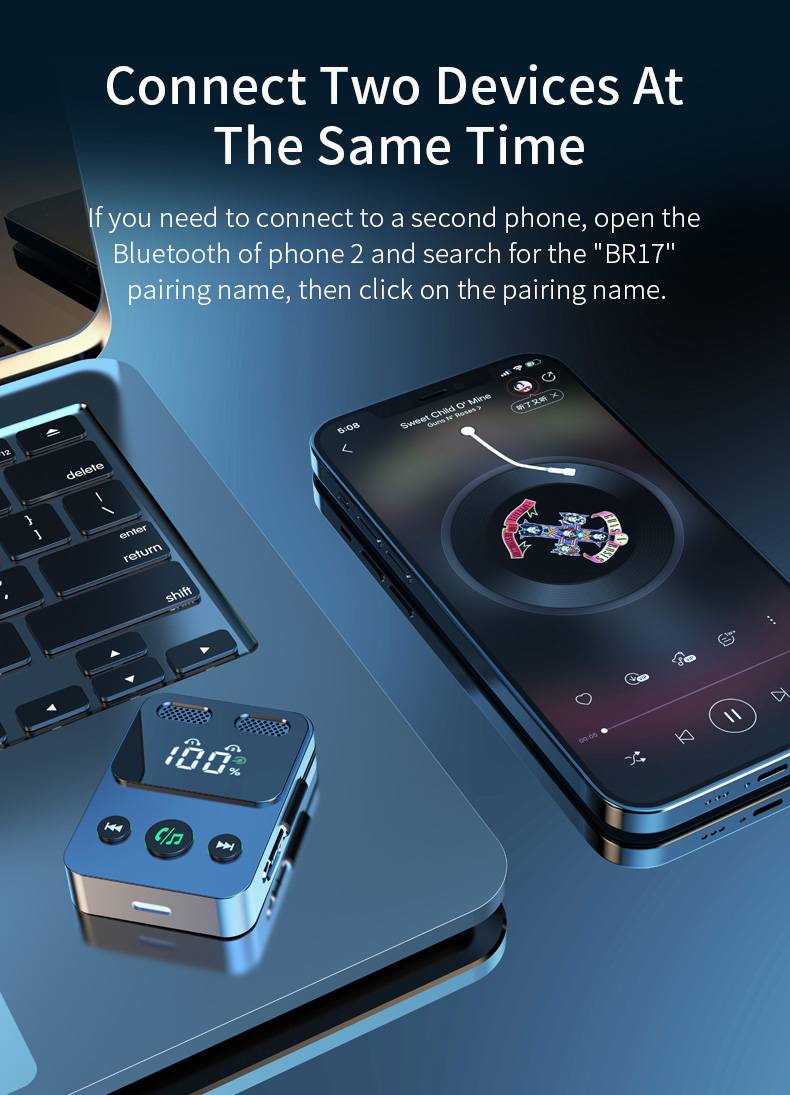 Ricevitore Bluetooth 5.3 BR17 - Adattatore doppio microfono per auto, altoparlante, auricolare - Batteria a lunga durata, ricarica rapida, modalità TX,_voghion.com