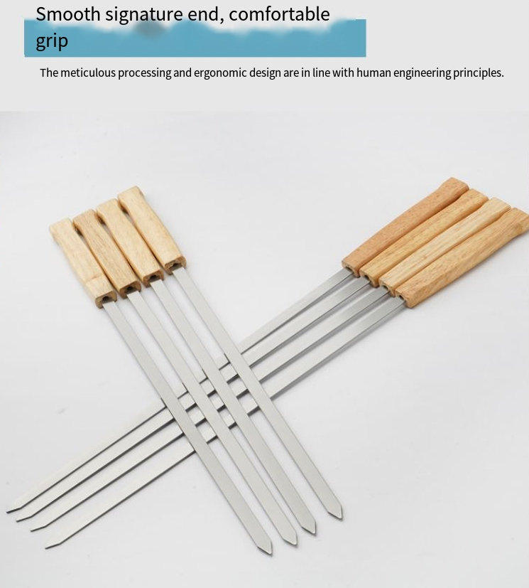 Stainless Steel Wooden Handle Barbecue Skewers Flat Skewers Barbecue Skewers Grilled Lamb Skewers Barbecue Skewers Outdoor Camping Barbecue Skewers_voghion.com