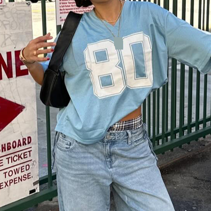 Abbigliamento da donna, stile street style, stile hottie, maglietta oversize con stampa di lettere, maniche corte, scollo a V, ampia e sottile, basic_voghion.com