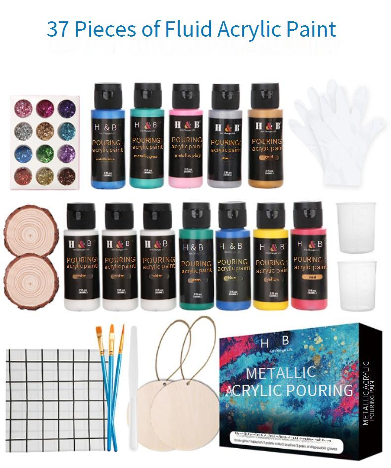 Set di 37 pezzi di pittura acrilica fluida con colori perlescenti e metallici - Materiali artistici versati per creazioni in legno Fluid Bear_voghion.com