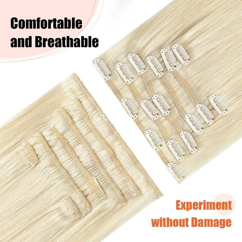 Echthaar-Clip-In-Extensions, 14 Zoll, Echthaar, helles Platinblond, Haarverlängerungen, Clip-Ins, Doppelschuss, 100 % Echthaar-Extensions, 8 Stück, 80 g_voghion.com