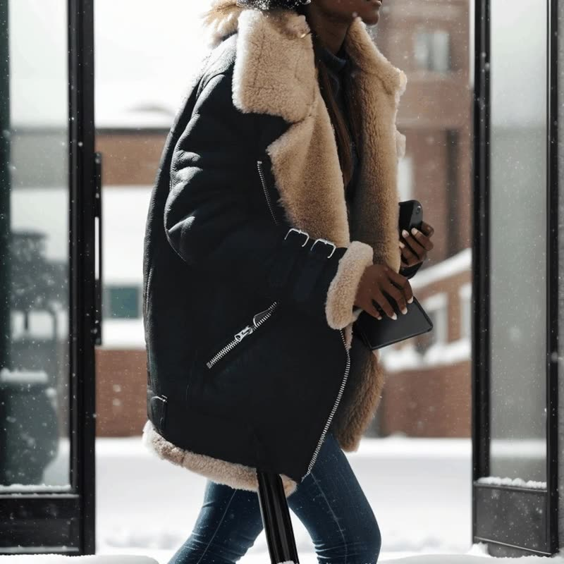 Women's Faux Suede Fleece Lined Jacket With Turn-Down Collar - Winter Coats For Women, Oversized Long Sleeve Outerwear In Black/Brick Red/Gray_voghion.com