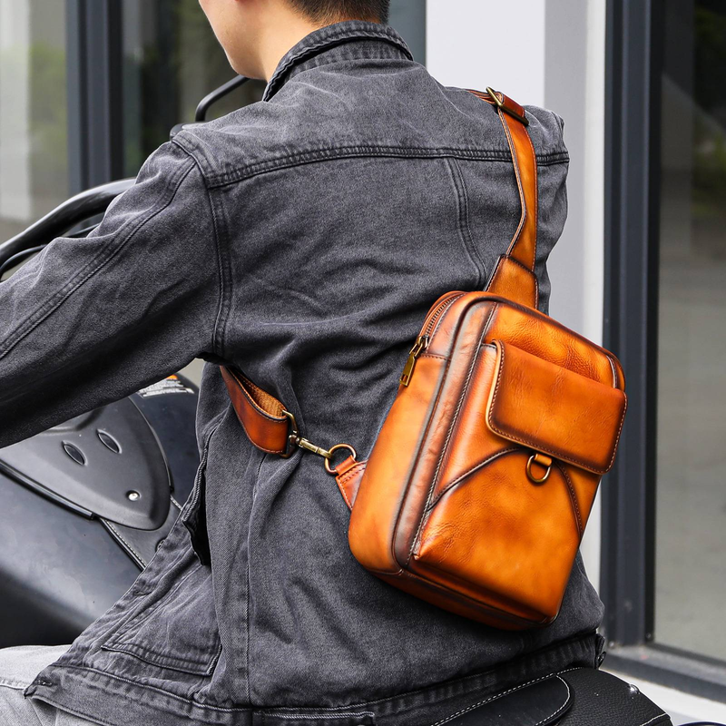 Men's Genuine Leather Crossbody Bag - Premium Full Grain Cowhide, Vintage Style, Large Capacity For Travel & Daily Use Brushed Color Chest Bag Men_voghion.com
