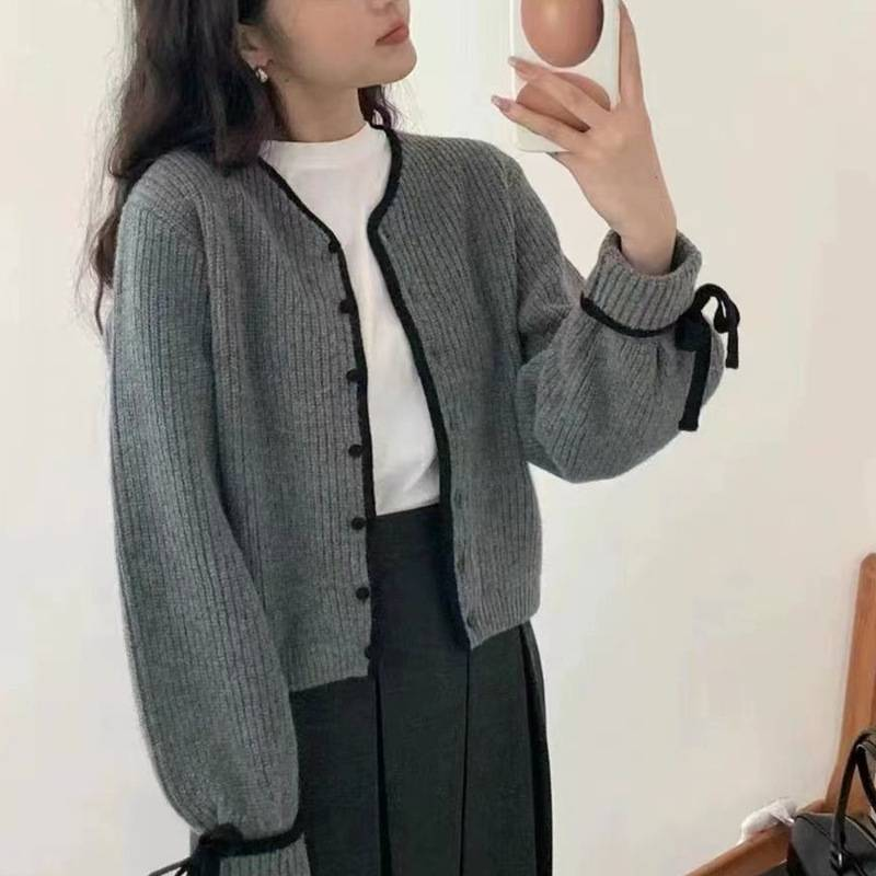 Women's Clothing Vintage-Inspired Korean Style Knit Cardigan With Tie Sleeves & Contrast Trim - Soft Long Sleeve Button-Up Top_voghion.com