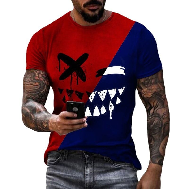 2021 New Men's Summer Casual Fashion Round Neck Color Block Smiley Face Short Sleeve T-Shirt Top_voghion.com