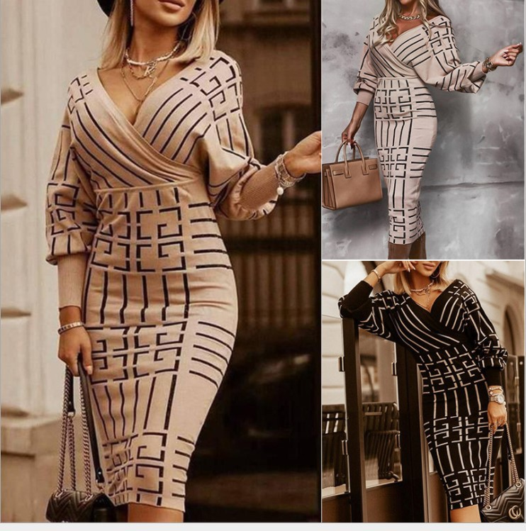 Robe à la mode imprimée à manches longues et col en V pour femme_voghion.com