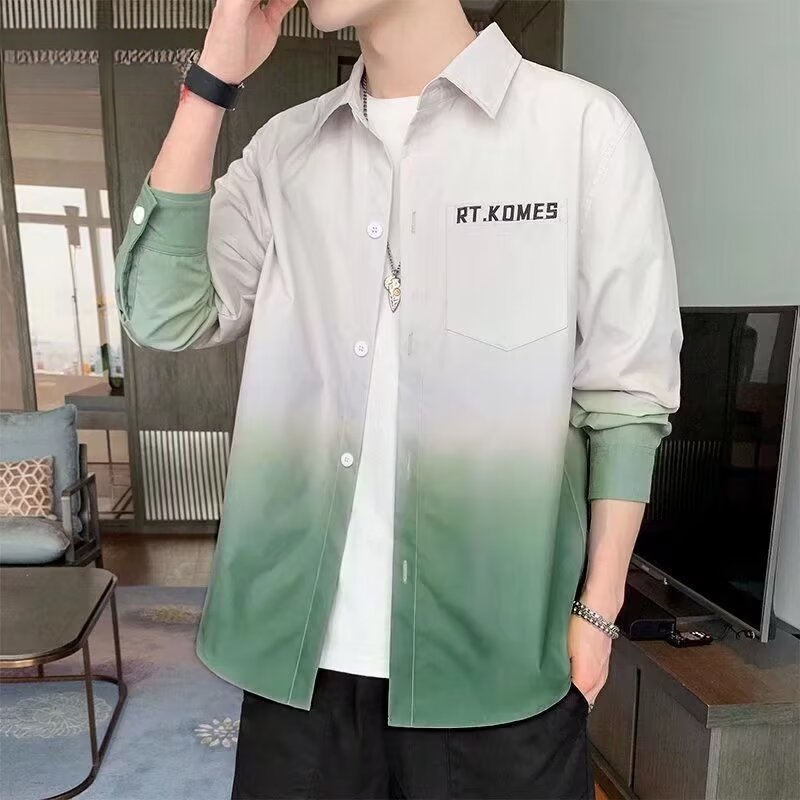 Camicia a maniche lunghe sfumata da uomo Primavera/Estate Cappotto sottile sciolto Camicia di marca di moda casual alla moda stile coreano_voghion.com