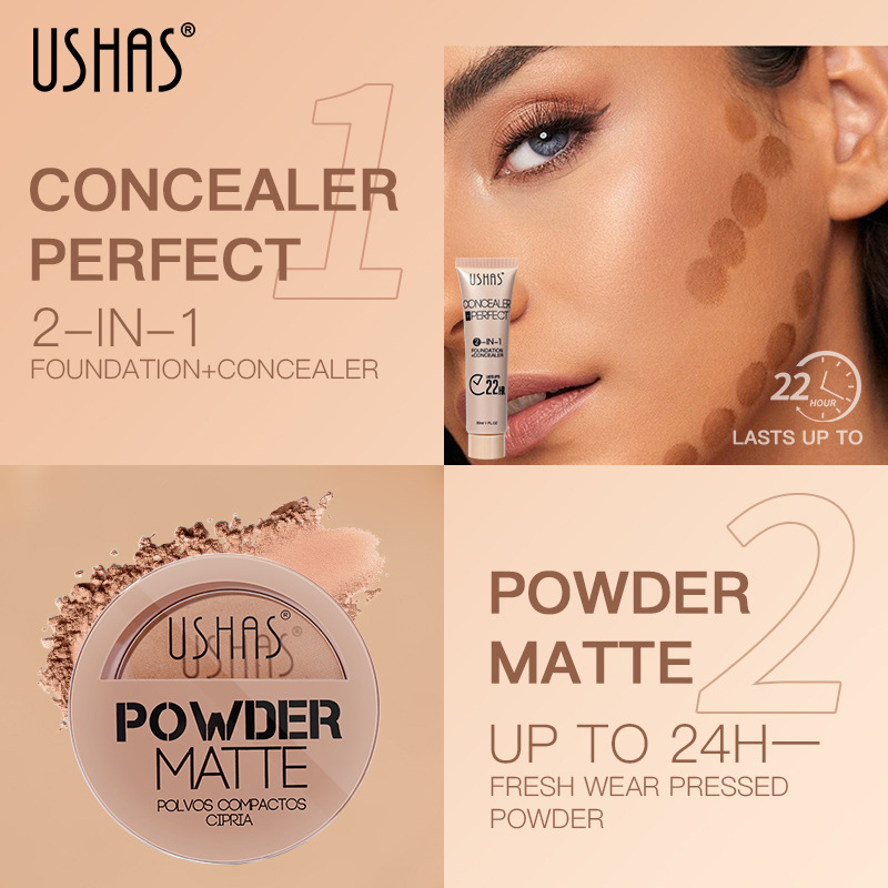 USHAS powder+liquid foundation Combination Set Waterproof, Makeup Free, Skin Brightening Type B_voghion.com