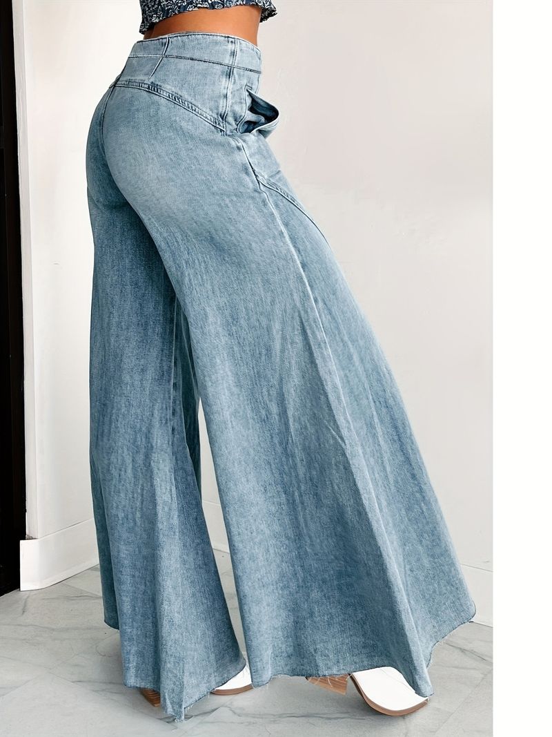 Plus Size Women's Elegant Flared Jeans – Stretch-Free Wide-Leg Denim Pants (XL-5XL, Blue, Minimalist Chic For Office & Weekend)_voghion.com