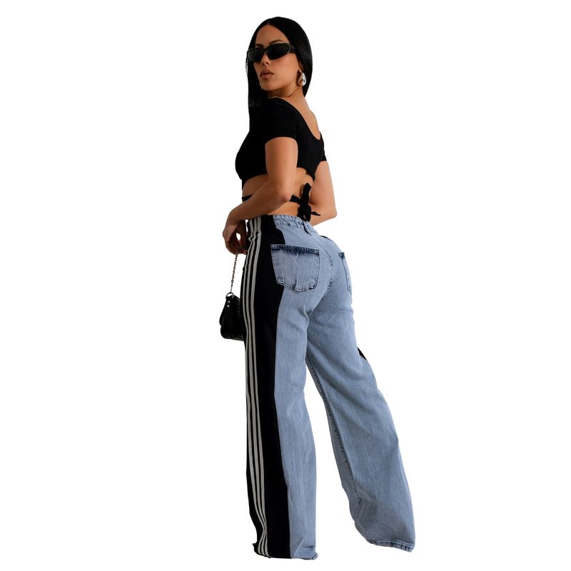 Ropa de mujer Pantalones vaqueros de pierna ancha con tres rayas y empalme de moda de verano Pantalones rectos elásticos de cintura alta informales nuevos para mujer_voghion.com
