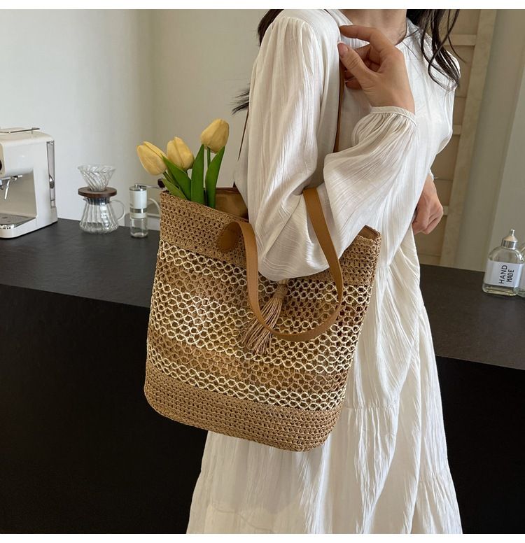 Borsa di paglia Borsa intrecciata Borsa da spiaggia Borsa di paglia per le vacanze Borsa intrecciata cava da donna Borsa a tracolla di grande capacità alla moda per pendolari_voghion.com