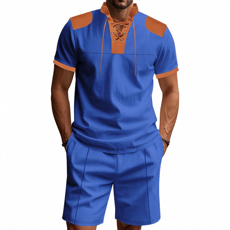 Cross-border Independent Station American Summer Casual Men's Tether Loose Henry Western Denim Waffle Short Sleeve Suit_voghion.com