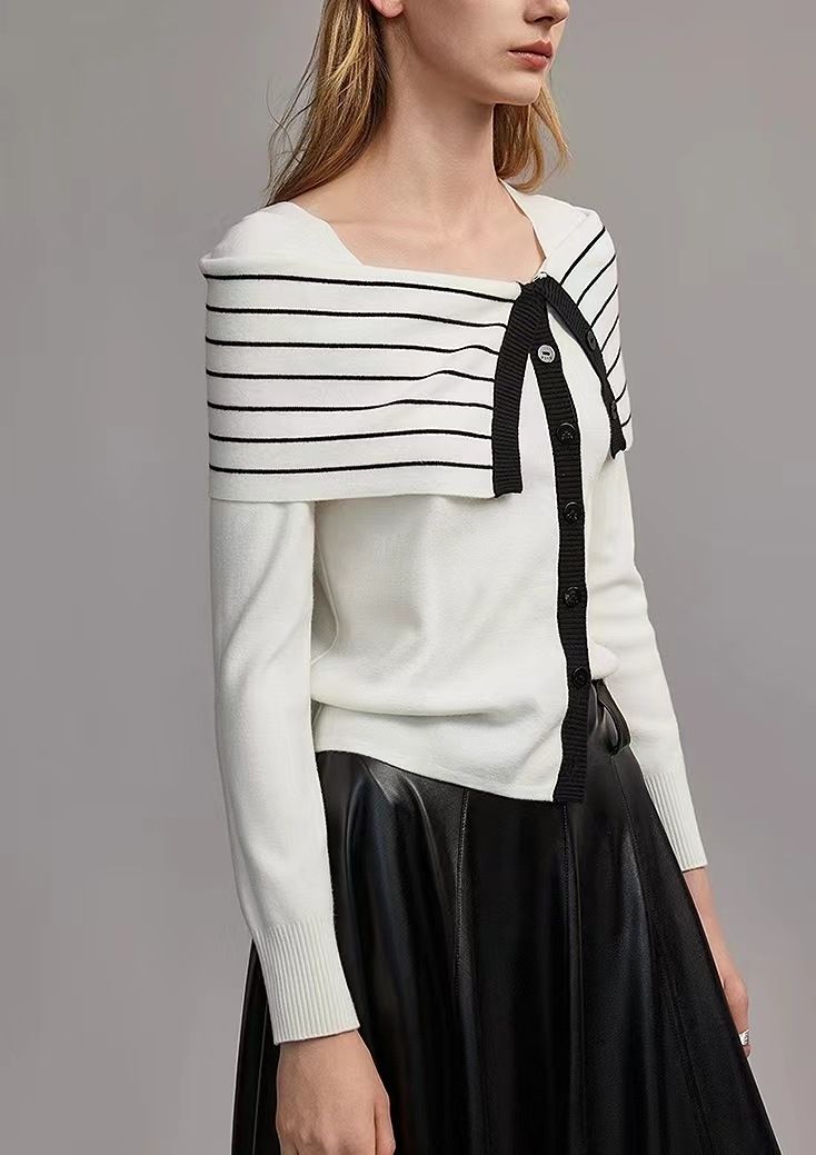 Women's Clothing Black And White Striped Two Piece Slim Wool Sweater New Design Temperament Sweater_voghion.com
