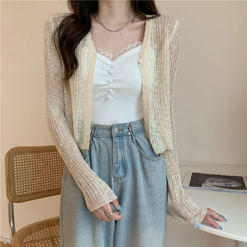 Cardigan estivo sottile in maglia con scollo a V, corto, da donna, con aria condizionata, scialle e gonna, giacca con protezione solare in seta ghiacciata_voghion.com