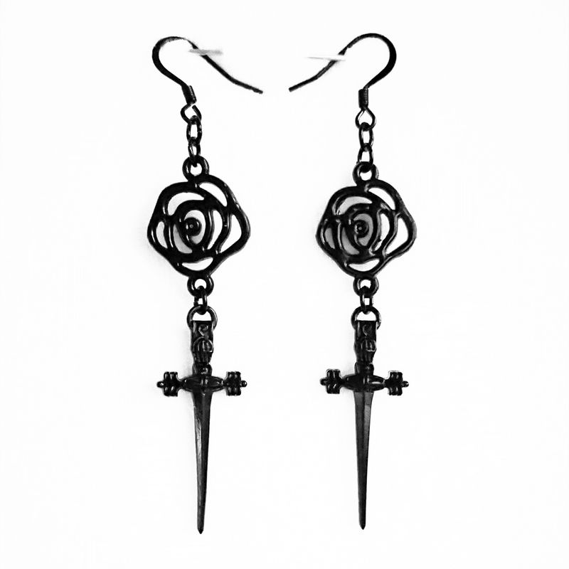 Jewelry & Accessories Black Dagger Rose Hook Earrings Sword Gothic Alternative Danger Earrings_voghion.com