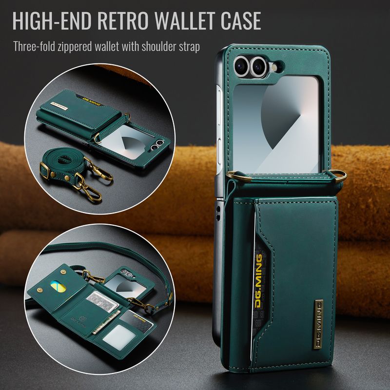 Custodia pieghevole M2 per Samsung Z Flip6 Custodia per telefono con portafoglio per carte Custodia protettiva in pelle con tracolla Z Flip6_voghion.com