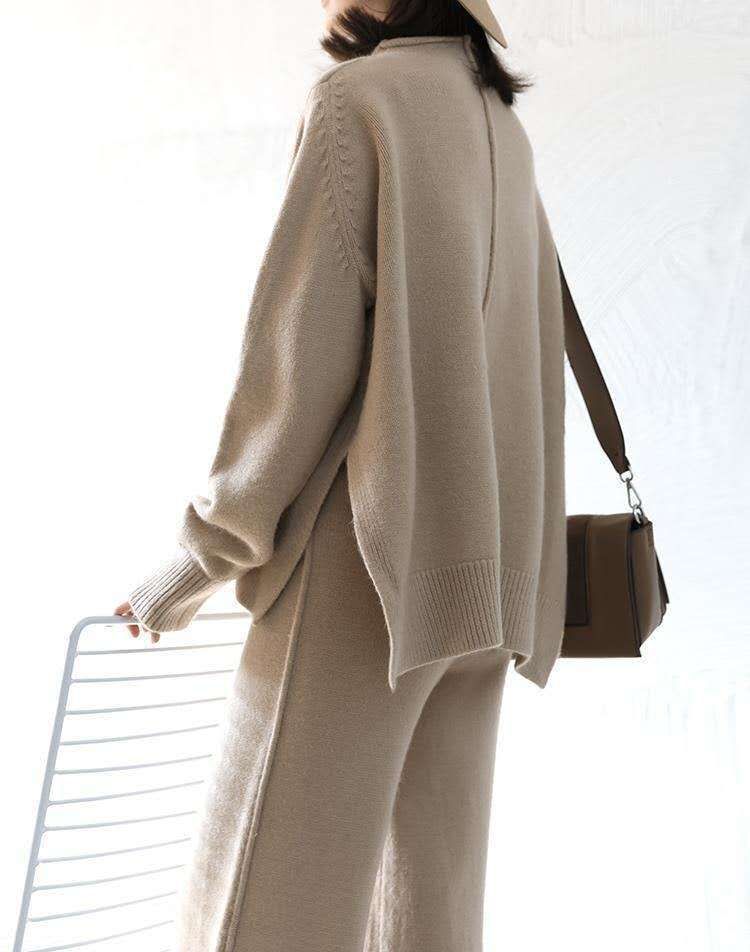 Nuovo maglione spesso e largo a collo alto a metà, due pezzi, pantaloni a gamba larga lavorati a maglia, set casual da donna_voghion.com