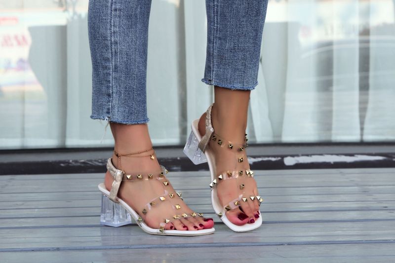 Crystal high heels with elastic rivets, transparent band, Roman sandals for women High heeled Sandals_voghion.com