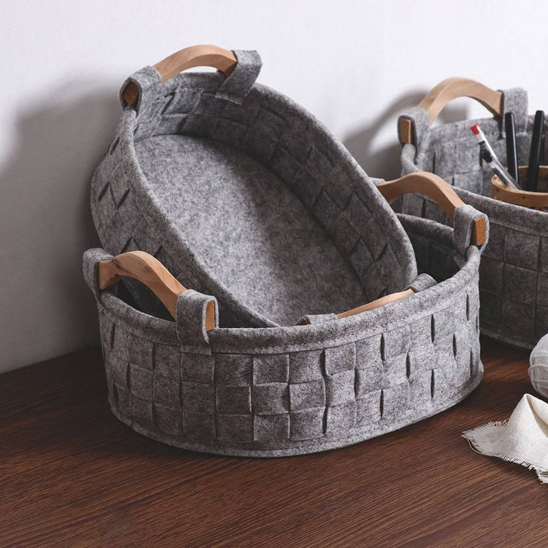 Lot de 3 paniers de rangement en feutre gris, adaptés au rangement des jouets, des vêtements, des cosmétiques, des objets du quotidien, etc._voghion.com