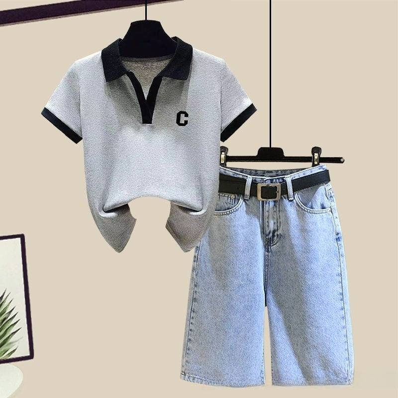 Damenbekleidung Jeansshorts-Set Sommer Polokragen Kurzarm-T-Shirt + Jeansshorts mit weitem Bein Komplettset_voghion.com