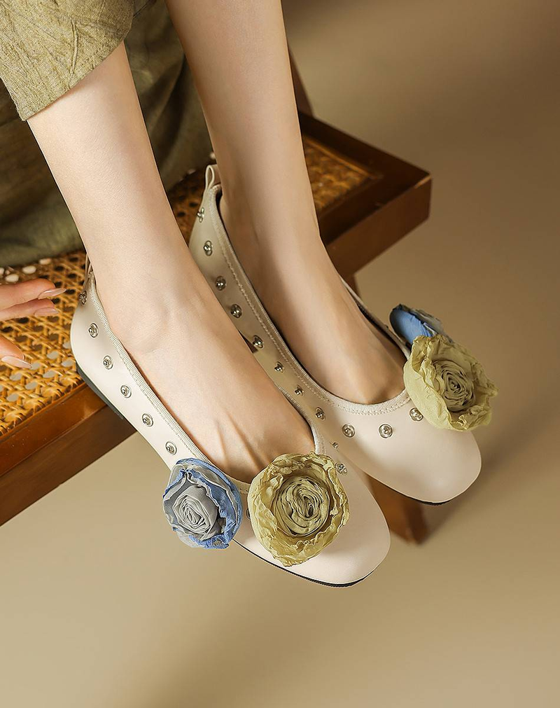 Cameido Women's Eco-Friendly PU Casual Shoes - Square Toe, 1CM Heel, Non-Slip Rubber Sole - Silver & Beige_voghion.com