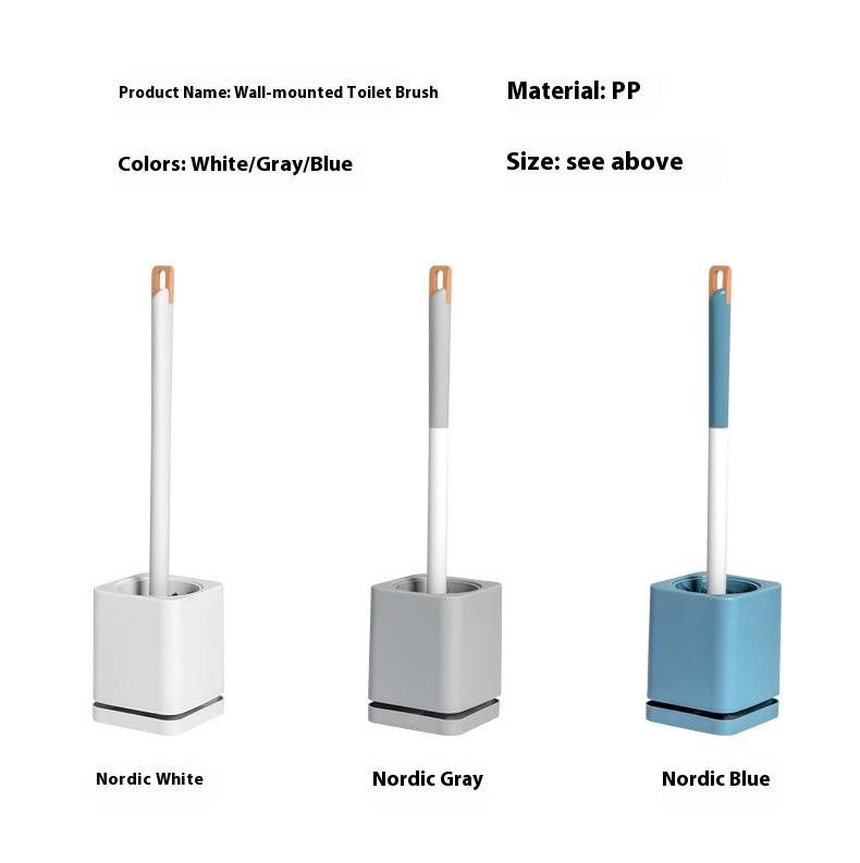 Wall-Mounted Toilet Brush Set With Base - Long Handle & Angled Head For Deep Cleaning, Space-Saving Bathroom Essential (Blue/Gray/White)_voghion.com