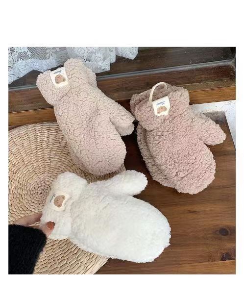 Guanti invernali in lana d'agnello con stampa a forma di orso e scaldacollo per ciclismo, foderati in pile, spessi, caldi, resistenti al freddo_voghion.com