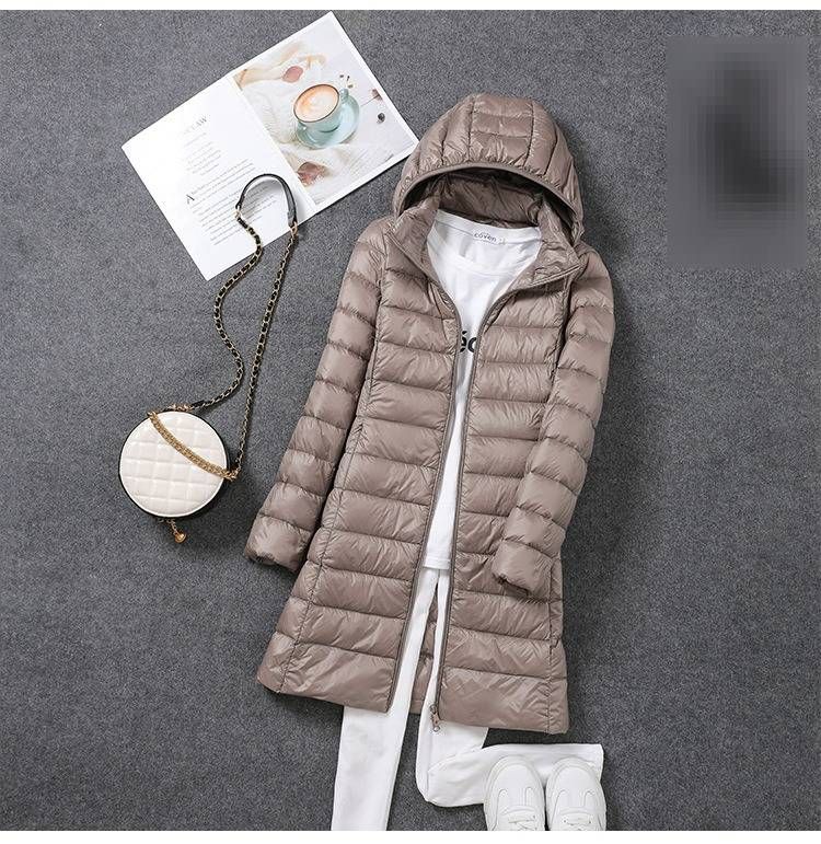 Women's Lightweight Down Jacket - Detachable Hood Mid-Length Coat With White Duck Feather, Slim Fit & Stylish For Everyday Wear_voghion.com