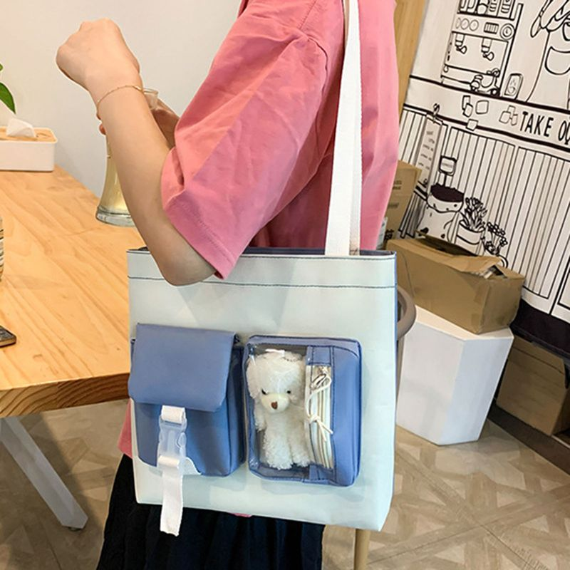 Lihao 5Pcs/Set Student Backpack Adjustable Straps Korean Style Canvas Bookbag Messenger Bag Pencil Case for School-Green_voghion.com