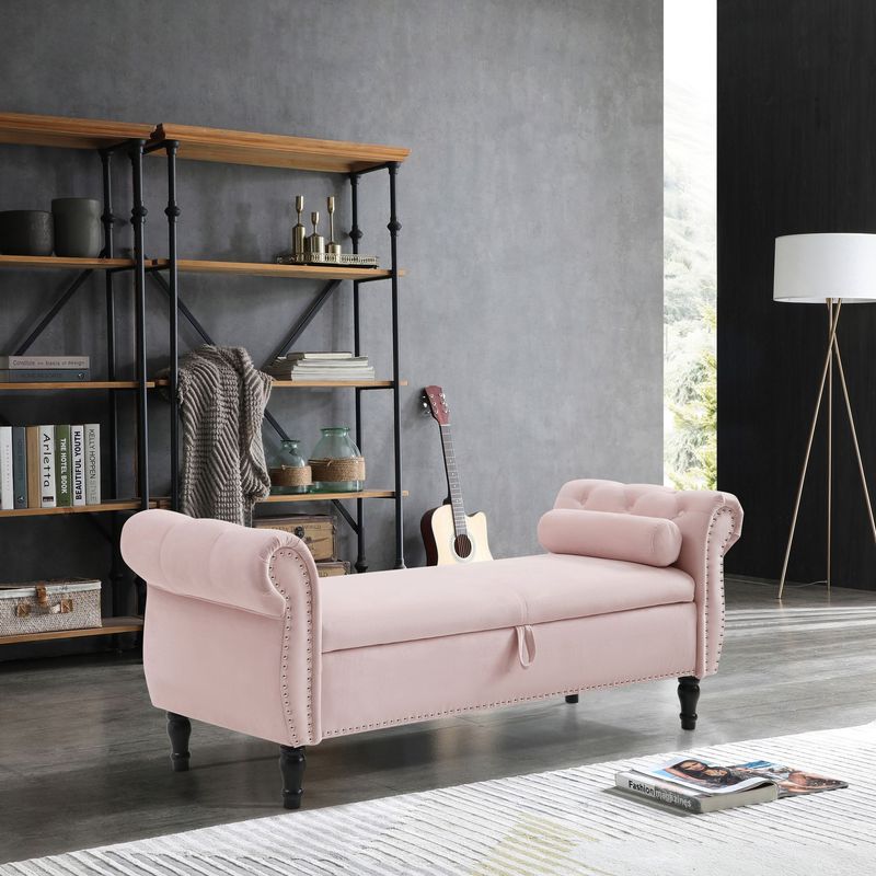 Aijia 63" Velvet Multifunctional Storage Rectangular Sofa Stool Buttons Tufted Nailhead Trimmed Solid Wood Legs With 1 Pillow,Pink_voghion.com