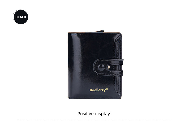 Portafoglio da donna corto Baellerry in pelle cerata lucida doppia fibbia portamonete con cerniera portacarte femminile_voghion.com