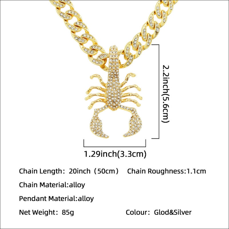 Collana da uomo hip-hop tridimensionale a forma di diamante a forma di scorpione, collana a catena cubana di abbigliamento da motociclista punk alla moda_voghion.com