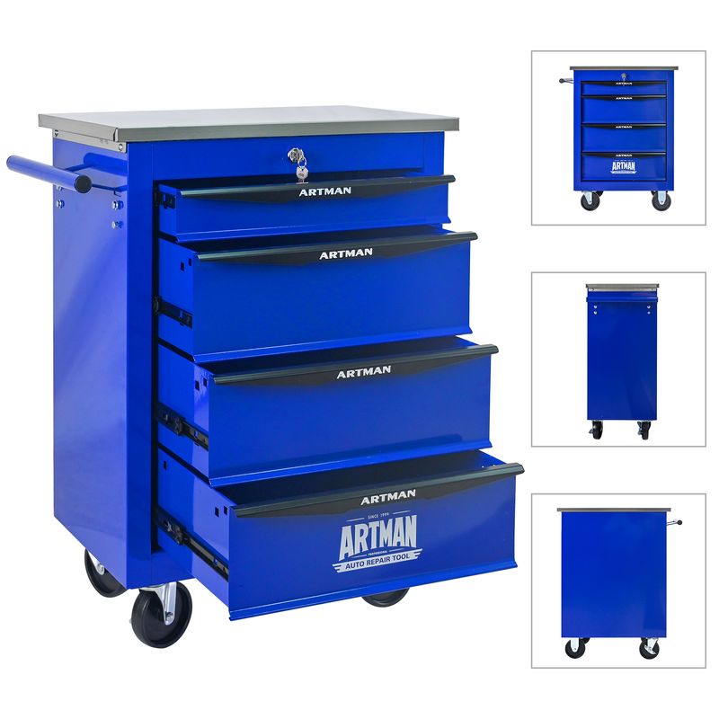 4 Drawers Multifunctional Tool Cart With Wheels,Metal Rolling Tool Cart Storage For Garage Workshop Warehouse Repair Shop--With Stainless Steel Roof- BLACK&BLUE_voghion.com