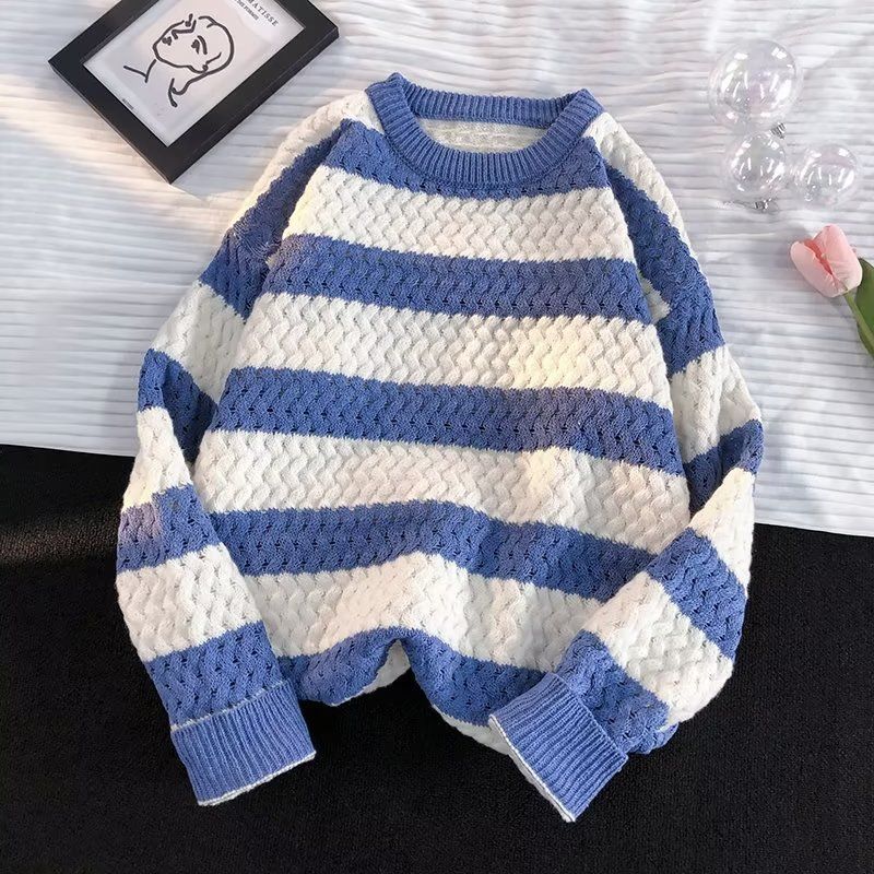 Gestreepte trui heren herfst Koreaanse stijl losse jas trendy merk winter kleurblok lange mouwen breiwerk_voghion.com