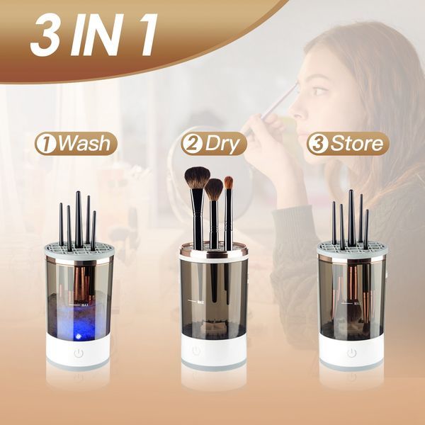 3 In 1 Makeup Brush Blender Cleaner Automatic Makeup Brush Cleaner Machine USB Powered Brush Drying Storage Suitable For All Types Of Brushes_voghion.com