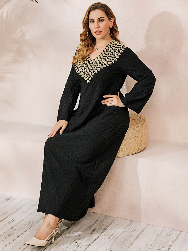Women's long-sleeved trumpet-sleeved robe dress with V-neck embroidery, 200 catties can be worn_voghion.com