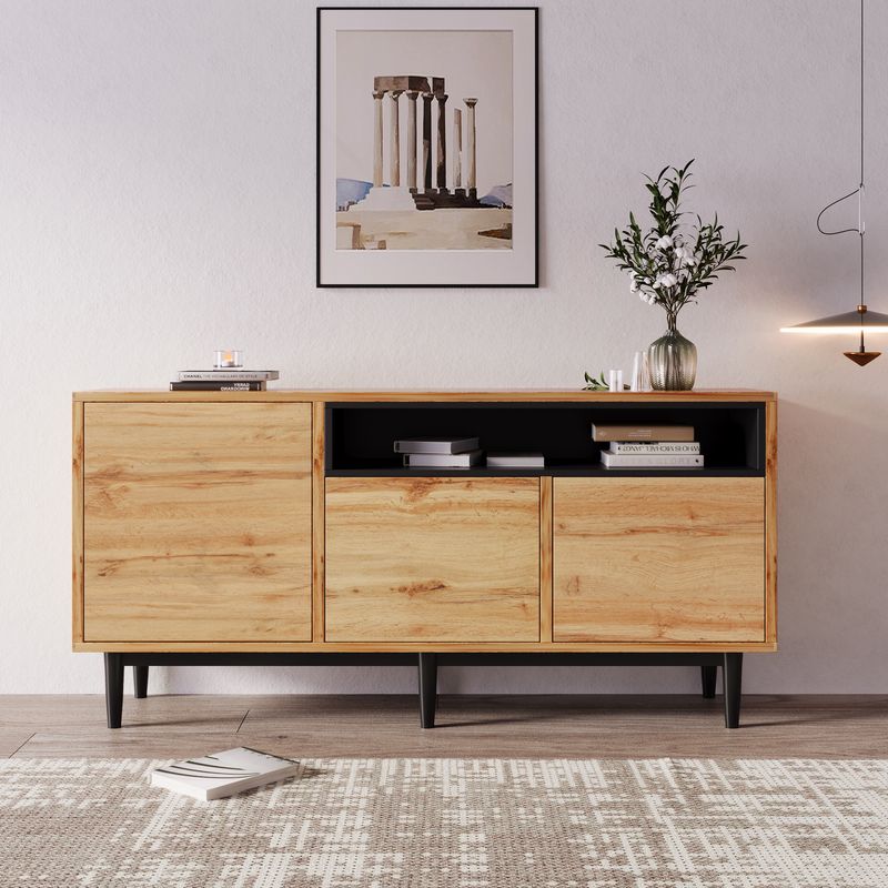 Buffet moderne en bois avec 3 portes et étagères, 160 x 35 x 76 cm, design compact, montage facile, robuste et fiable._voghion.com
