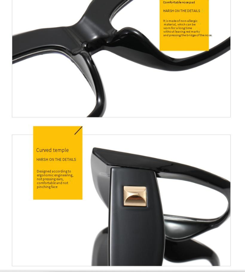 Damenbrillen Quadratische Katzenaugen-Brille mit großem Rahmen und Nieten, flache Brille, neue Internet-Promi-Brillenfassung, Persönlichkeit, große Rahmenbrille_voghion.com